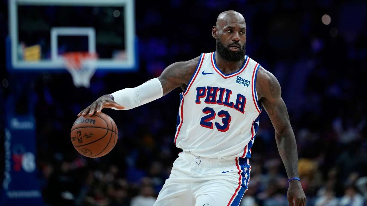 Philadelphia 76ers' LeBron James dribbles during the second half of a preseason NBA basketball game against the Boston Celtics Friday, Oct. 16, 2026, in Philadelphia.