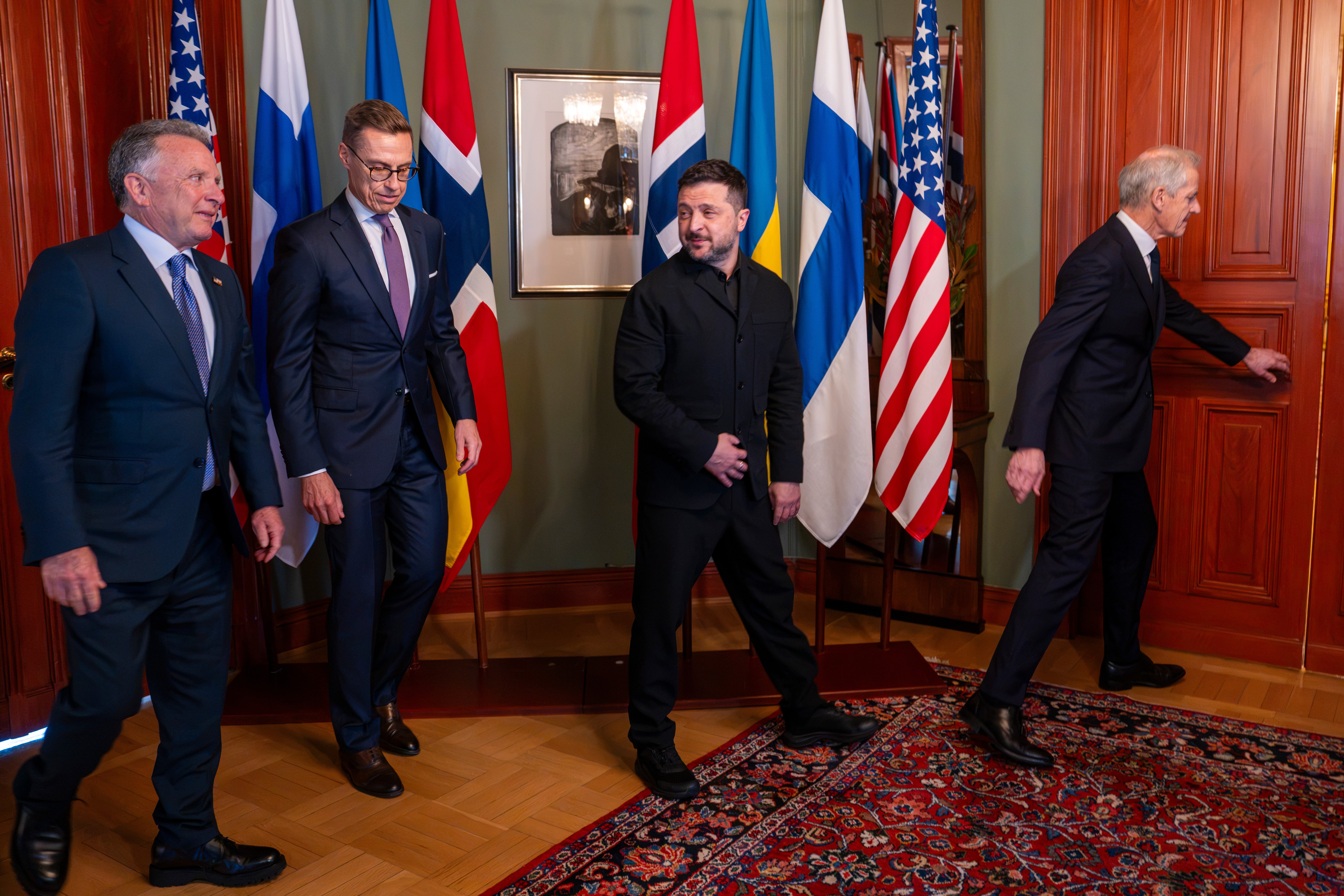 Ukrainian President Volodymyr Zelenskyy stands beside Norwegian Prime Minister Jonas Gahr Støre, Finnish President Alexander Stubb and special envoy Steve Witkoff, in Oslo, Norway, Tuesday. Witkoff is due to head to St. Petersburg, Russia, on Wednesday.