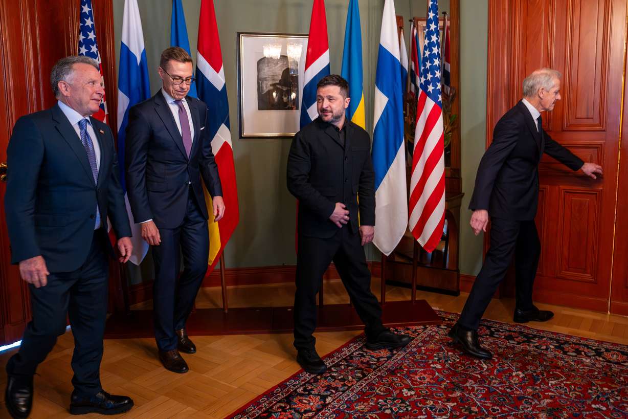 Ukrainian President Volodymyr Zelenskyy stands beside Norwegian Prime Minister Jonas Gahr Støre, Finnish President Alexander Stubb and special envoy Steve Witkoff, in Oslo, Norway, Tuesday. Witkoff is due to head to St. Petersburg, Russia, on Wednesday.