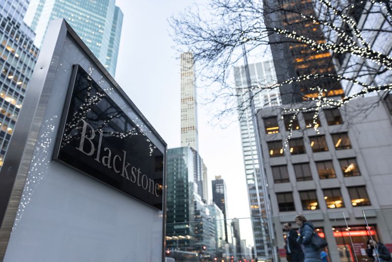 Signage is seen outside the Blackstone Group headquarters in New York City, U.S., January 18, 2023.