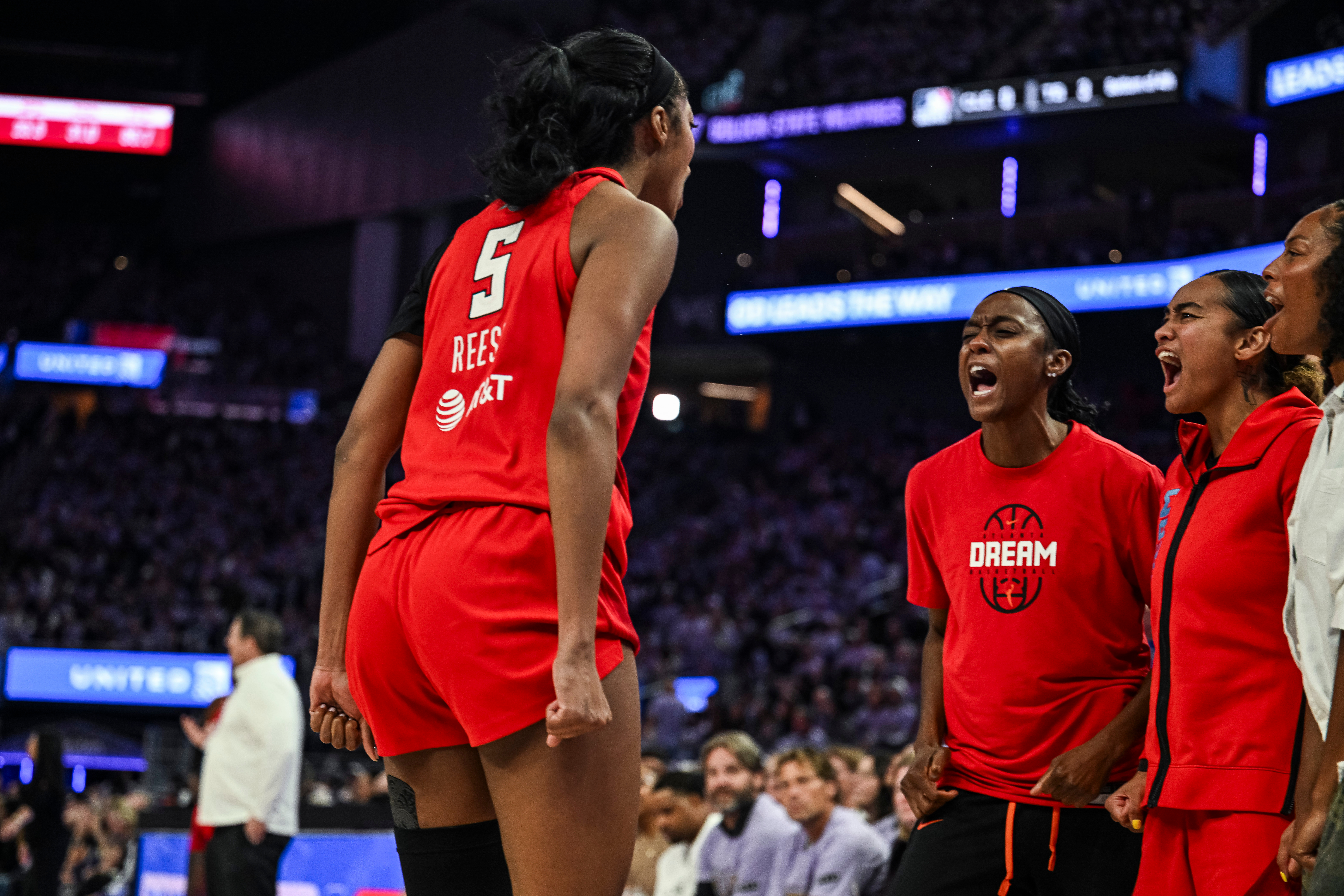 Atlanta Dream forward Angel Reese (5) reacts after an and-one foul during the second half of Game 2 of the WNBA basketball finals against the Golden State Valkyries, Monday, Oct. 19, 2026, in San Francisco. 