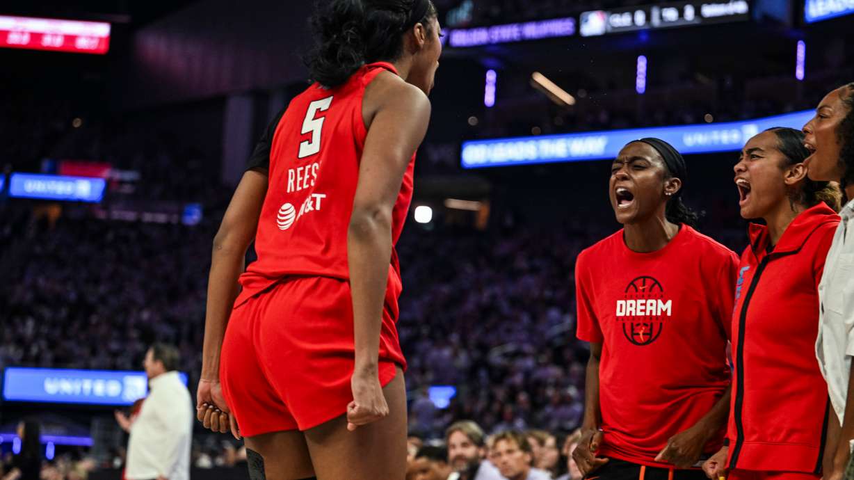 Atlanta Dream forward Angel Reese (5) reacts after an and-one foul during the second half of Game 2 of the WNBA basketball finals against the Golden State Valkyries, Monday, Oct. 19, 2026, in San Francisco.