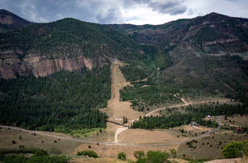 A cutout in the mountainside shows the path of the North Fork Siphon, a piece of the Central Utah Project that brings water down and up the mountains around the North Fork of the Duchesne River, on Wednesday, Aug. 12.