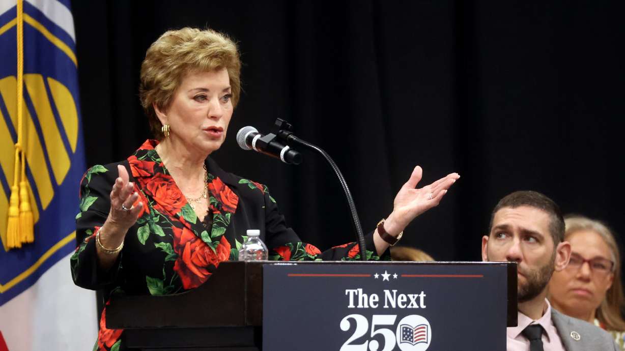 Secretary of Education Linda McMahon speaks at American Preparatory Academy in West Valley City on Tuesday. McMahon believes Utah's most diverse school could teach the nation patriotism.