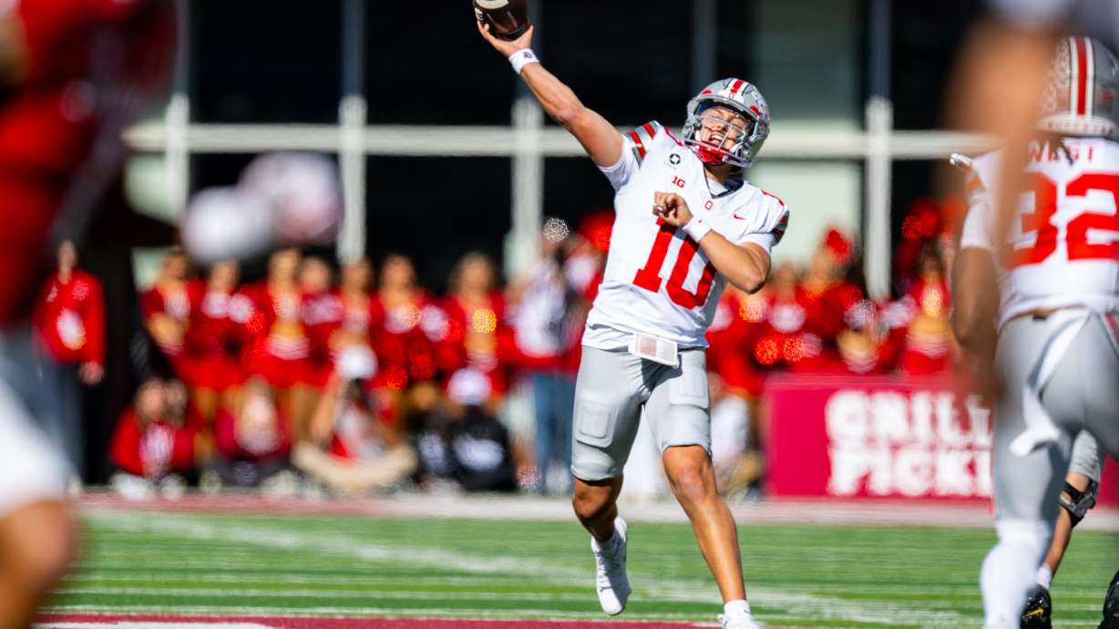 Ohio State quarterback Julian Sayin (10) makes a pass deep upfield during the second half of an NCAA college football game against Indiana, Saturday, Oct. 17, 2026, in Bloomington, Ind.