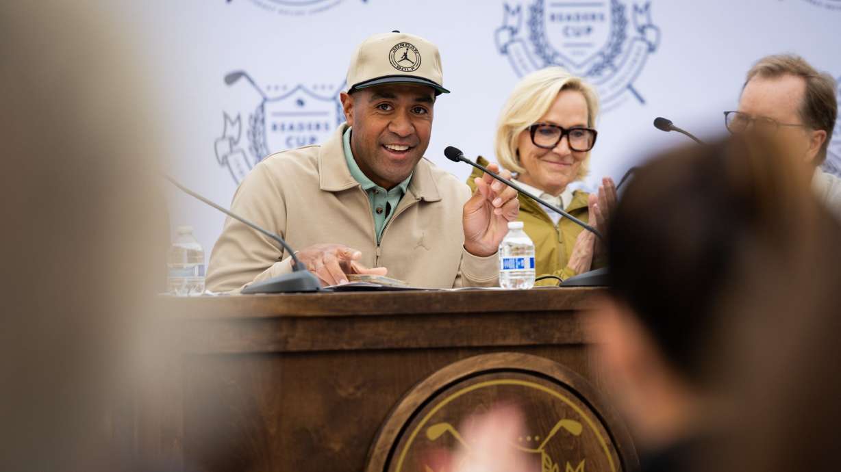 Tony Finau speaks during a press conference before the "Readers Cup,” a golf event sponsored by Finau and community leaders advocating for early literacy at The Country Club in Salt Lake City on Tuesday.