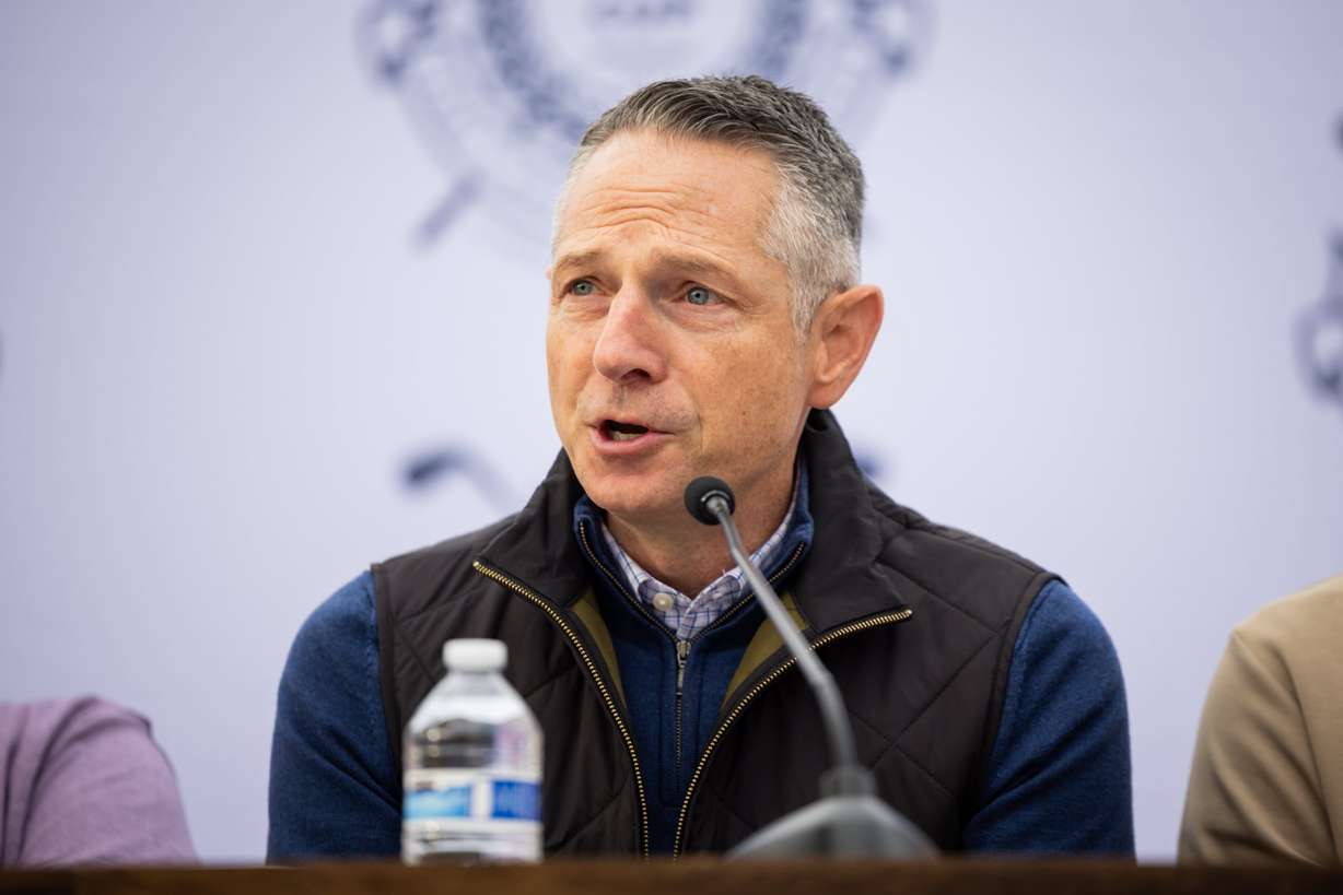Derek Miller, president and CEO at Salt Lake Chamber, speaks during a press conference before the "Readers Cup,” a golf event sponsored by Tony Finau and community leaders advocating for early literacy at The Country Club in Salt Lake City on Tuesday.