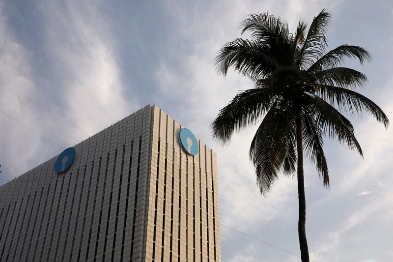 The logo of State Bank of India (SBI) is seen on the facade of its headquarters in Mumbai, India, April 12, 2023.