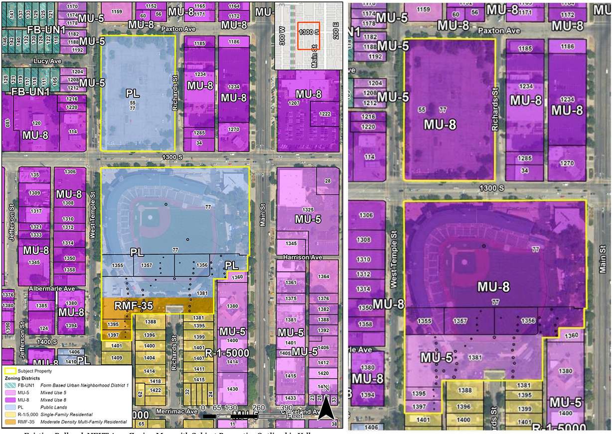 These maps show the old zoning for Smith Ballpark, left, and the new zoning, right, after a Salt Lake City Council vote on Tuesday.
