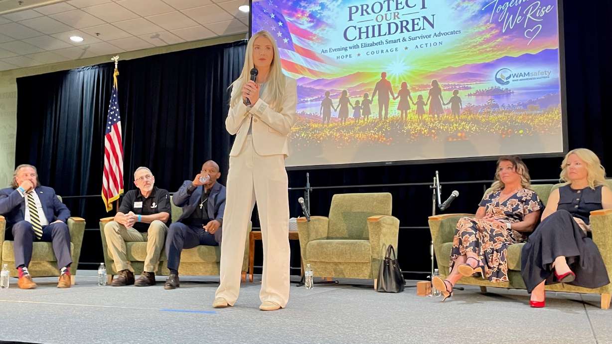 Elizabeth Smart is aiding in the push for creation of a three-digit emergency phone number for those suffering sexual abuse and being trafficked. She's pictured speaking Tuesday at Weber State University in Ogden, where the issue was discussed.