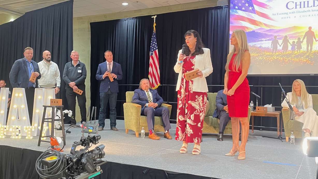 Elizabeth Smart is aiding in the push for creation of a three-digit emergency phone number for those suffering sexual abuse and being trafficked. She and Utah Sen. Heidi Balderree, R-Saratoga Springs, pictured speaking, addressed the issue at a panel discussion on Tuesday at Weber State University in Ogden.