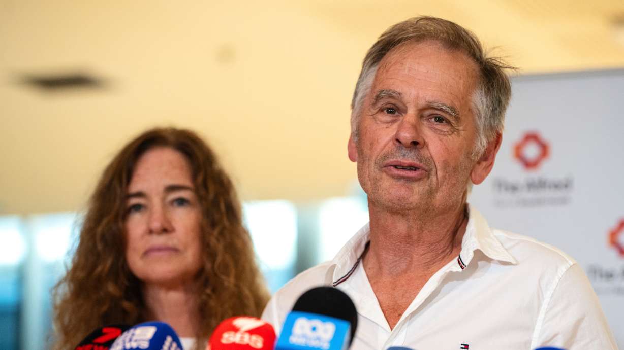 Phil Haines, husband of independent member of Parliament Helen Haines, speaks to the media at The Alfred hospital in Melbourne, Australia, Wednesday. Helen Haines had both her legs amputated after she was repeatedly hit by a car, Phil Haines said.