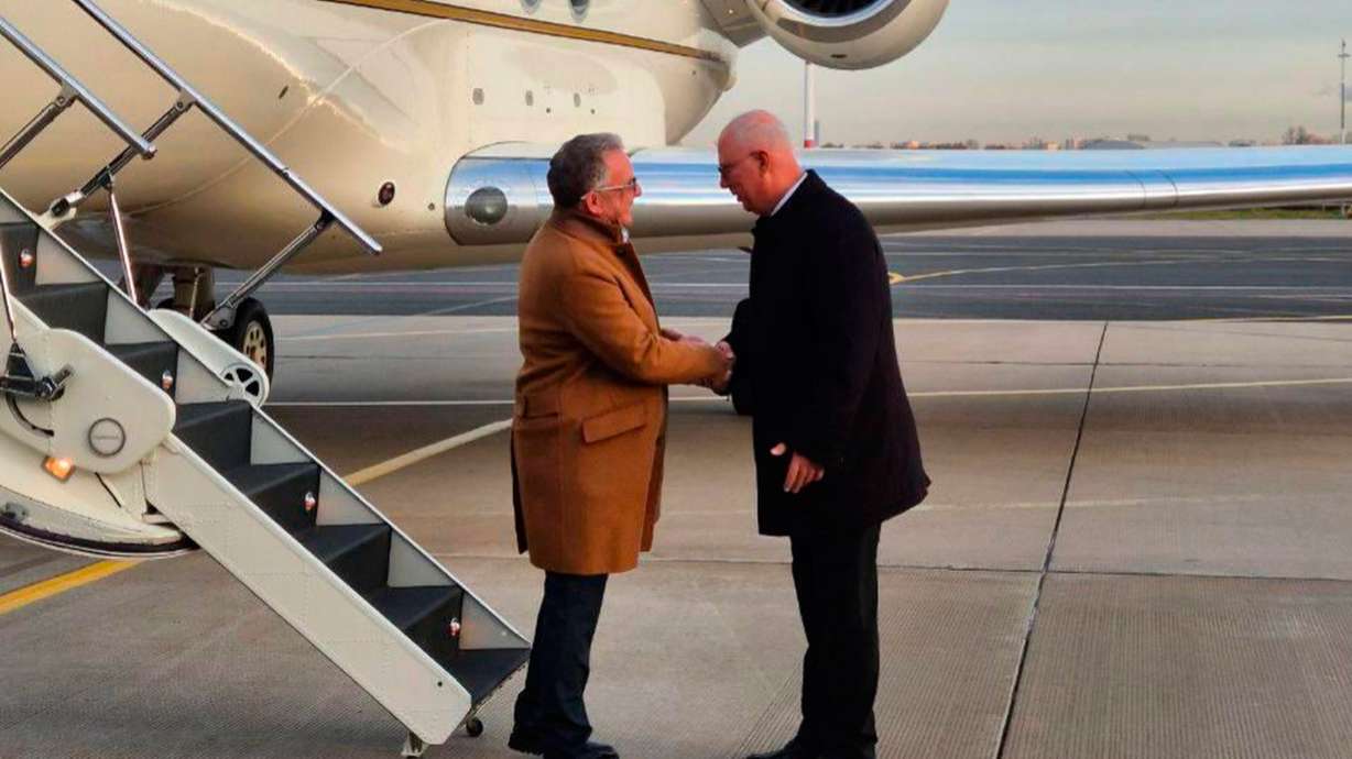 Russian presidential envoy Kirill Dmitriev greets special envoy Steve Witkoff at the international airport outside St. Petersburg, Russia, Wednesday. Witkoff is meeting Russian President Vladimir Putin for talks on Russia's invasion of Ukraine.