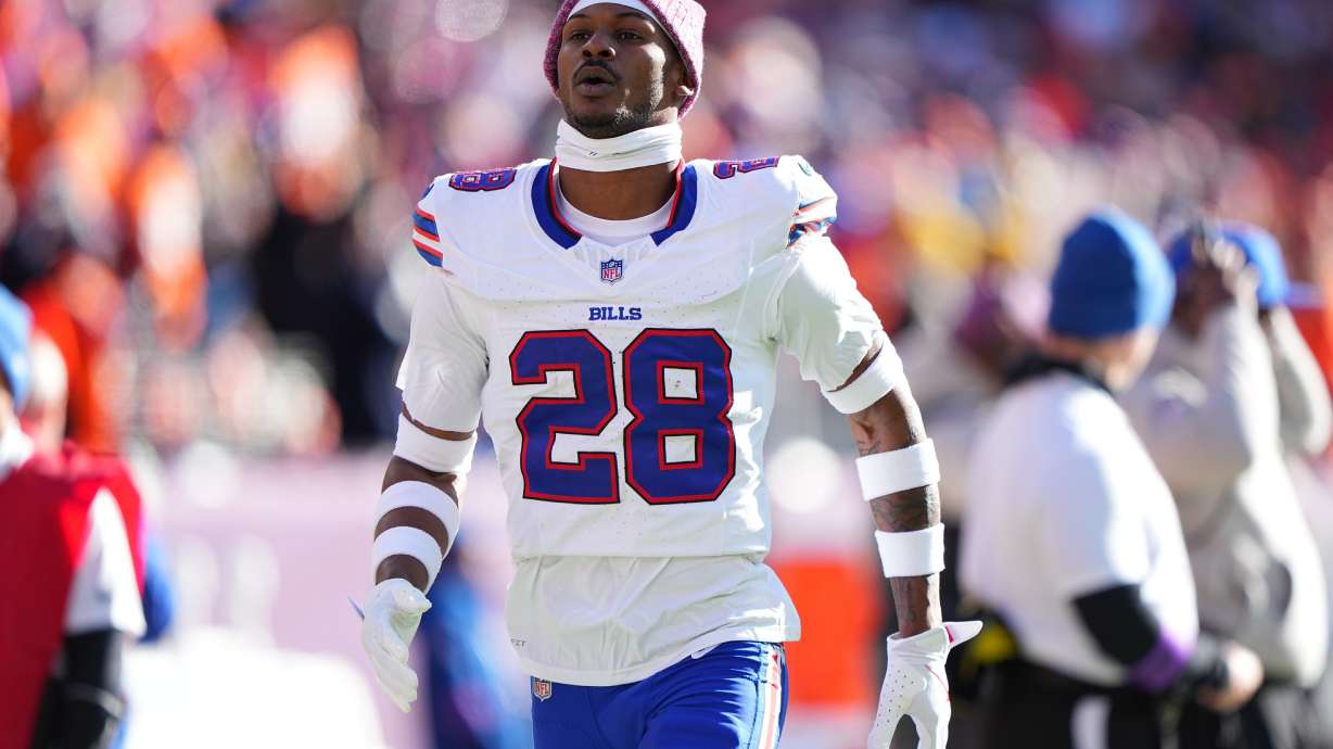 FILE - Buffalo Bills safety Sam Franklin Jr. (28) celebrates prior to the game against the Denver Broncos in an NFL divisional playoff football game, Saturday, Jan. 17, 2026 in Denver.