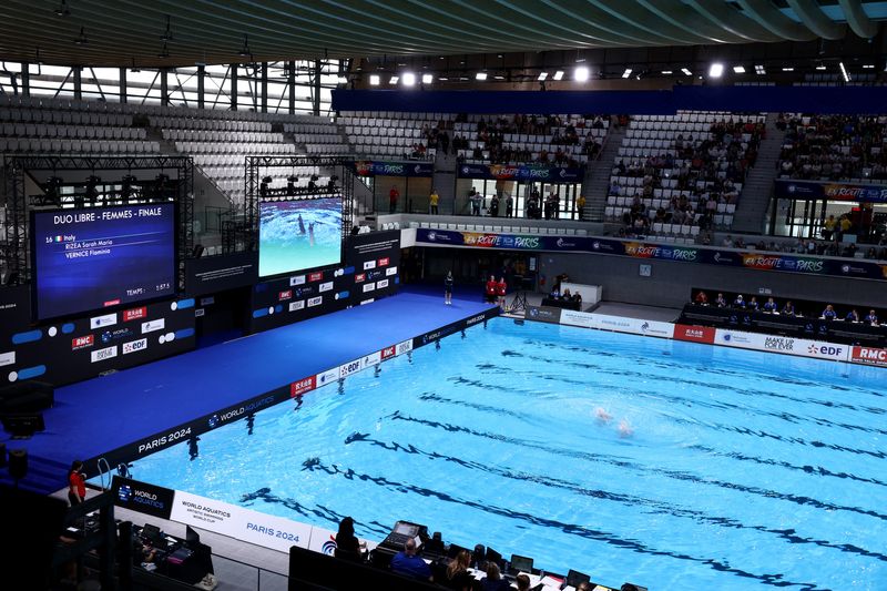 FILE PHOTO: Swimming - World Aquatics Artistic Swimming World Cup - Olympic Aquatics Centre, Saint-Denis, France - May 4, 2024 General view as Italy's Sarah Maria Rizea and Flaminia Vernice perform during the women's duet free finals