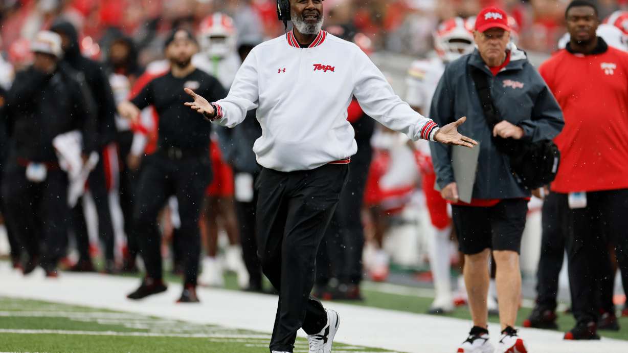 Maryland head coach Michael Locksley, center, reacts to a referee's call during the first half of an NCAA college football game against Ohio State, Saturday, Oct. 10, 2026, in Columbus, Ohio.