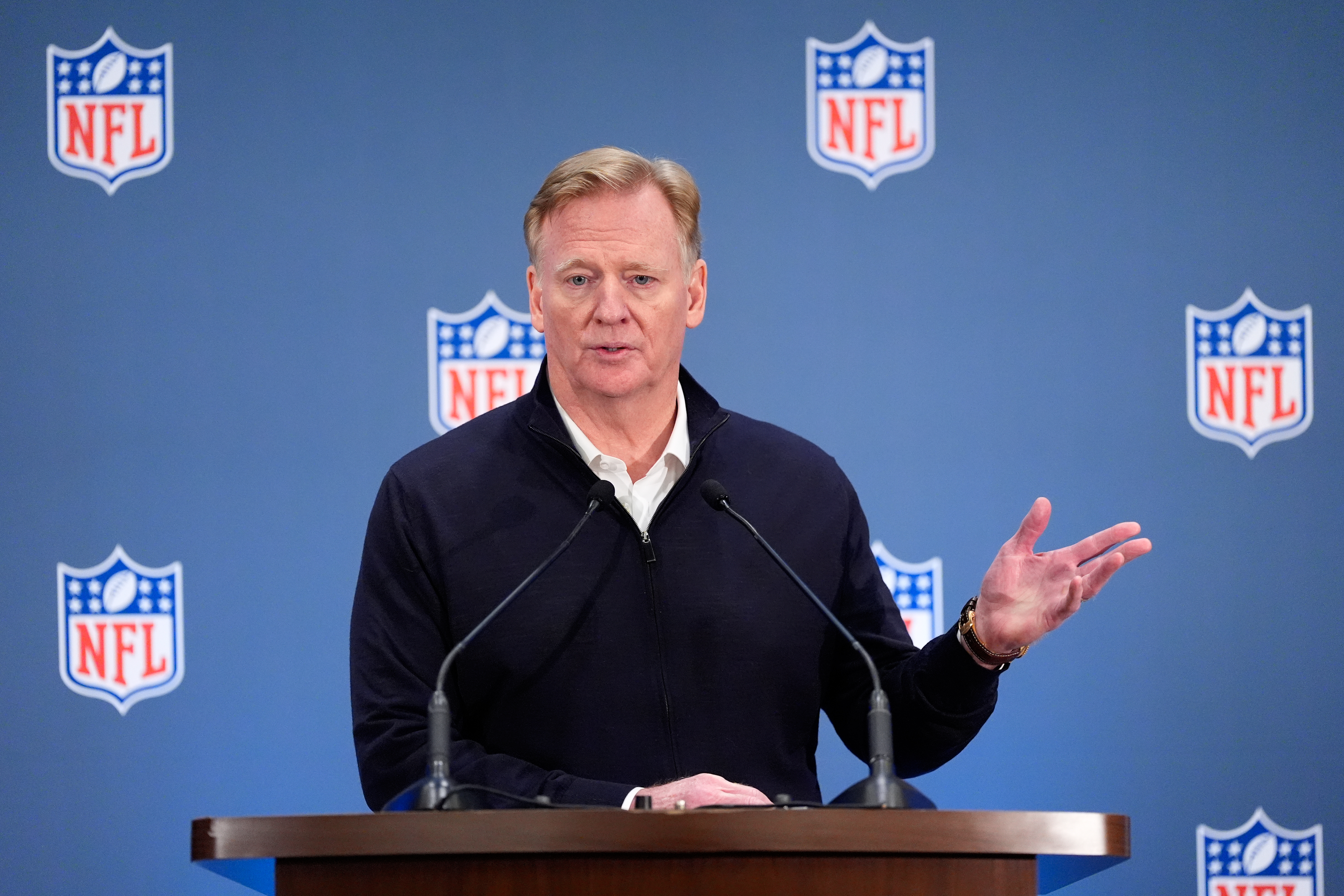 NFL commissioner Roger Goodell speaks during a news conference at the NFL owners' meetings Wednesday, Oct. 21, 2026, in New York. 