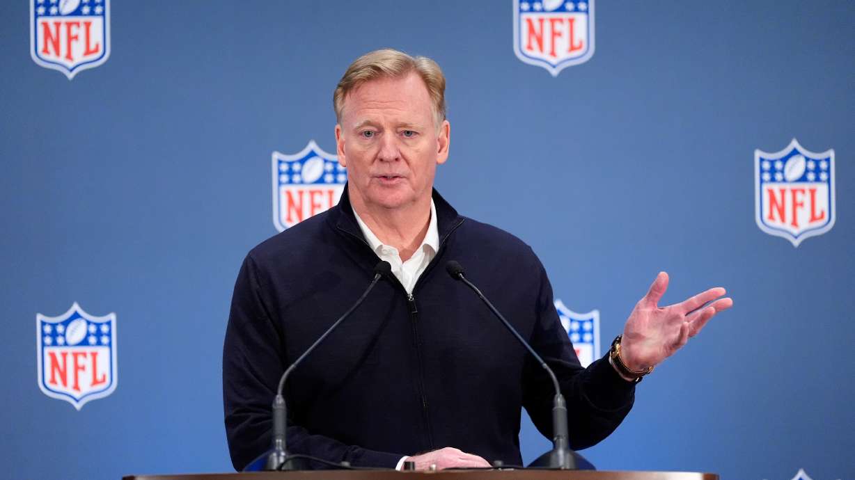 NFL commissioner Roger Goodell speaks during a news conference at the NFL owners' meetings Wednesday, Oct. 21, 2026, in New York.