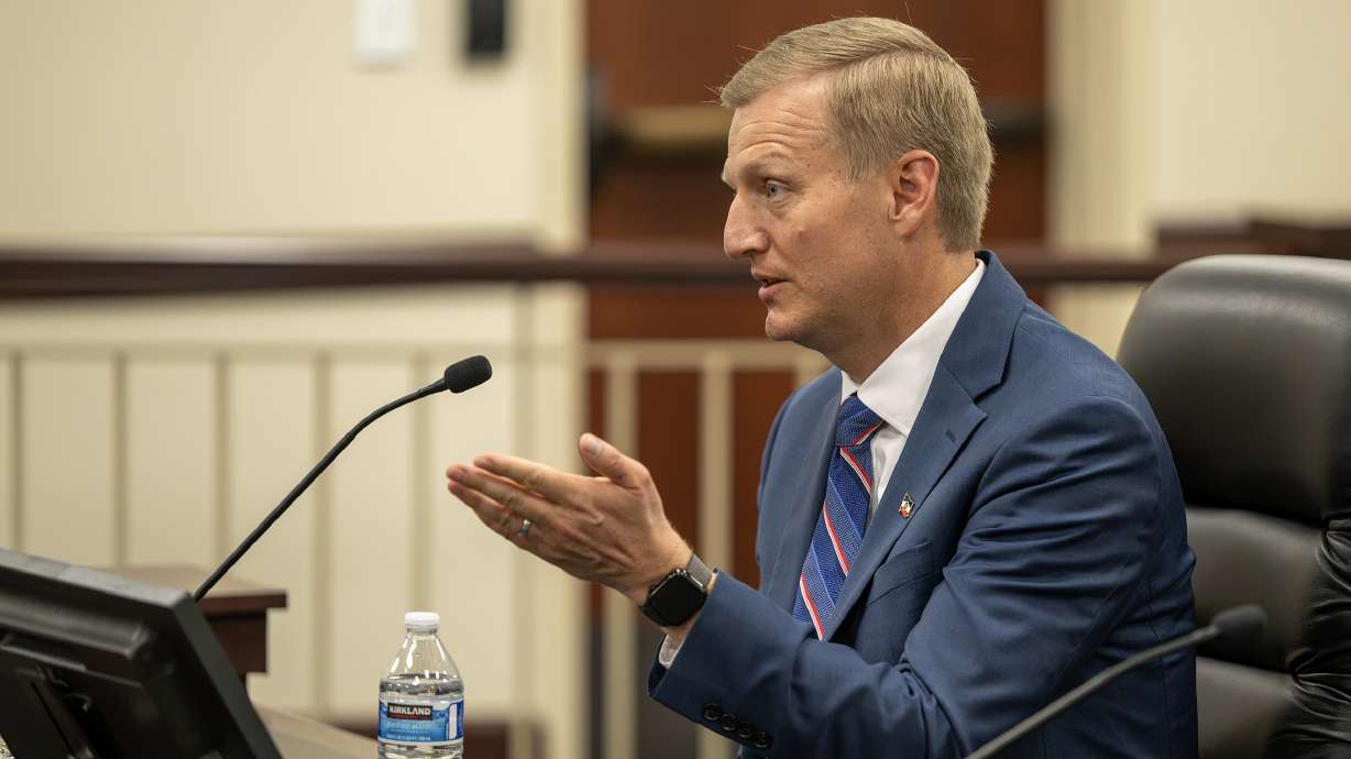 Justice nominee Michael Menssen answers a question during his confirmation hearing at the Capitol in Salt Lake City on Monday, Sept. 14, 2026.