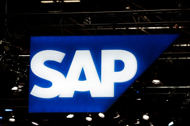 FILE PHOTO: A logo on the SAP exhibition space at the Viva Technology conference dedicated to innovation and startups at Porte de Versailles exhibition center in Paris, France June 15, 2022.