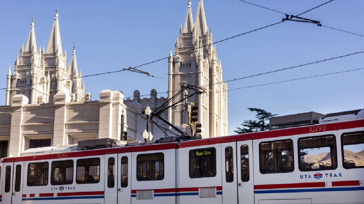 A TRAX train moves past Temple Square in Salt Lake City on Wednesday, Aug. 19. Utah Transit Authority is seeking public input for its "UTA Moves 2055" to see where to invest most in public transportation.