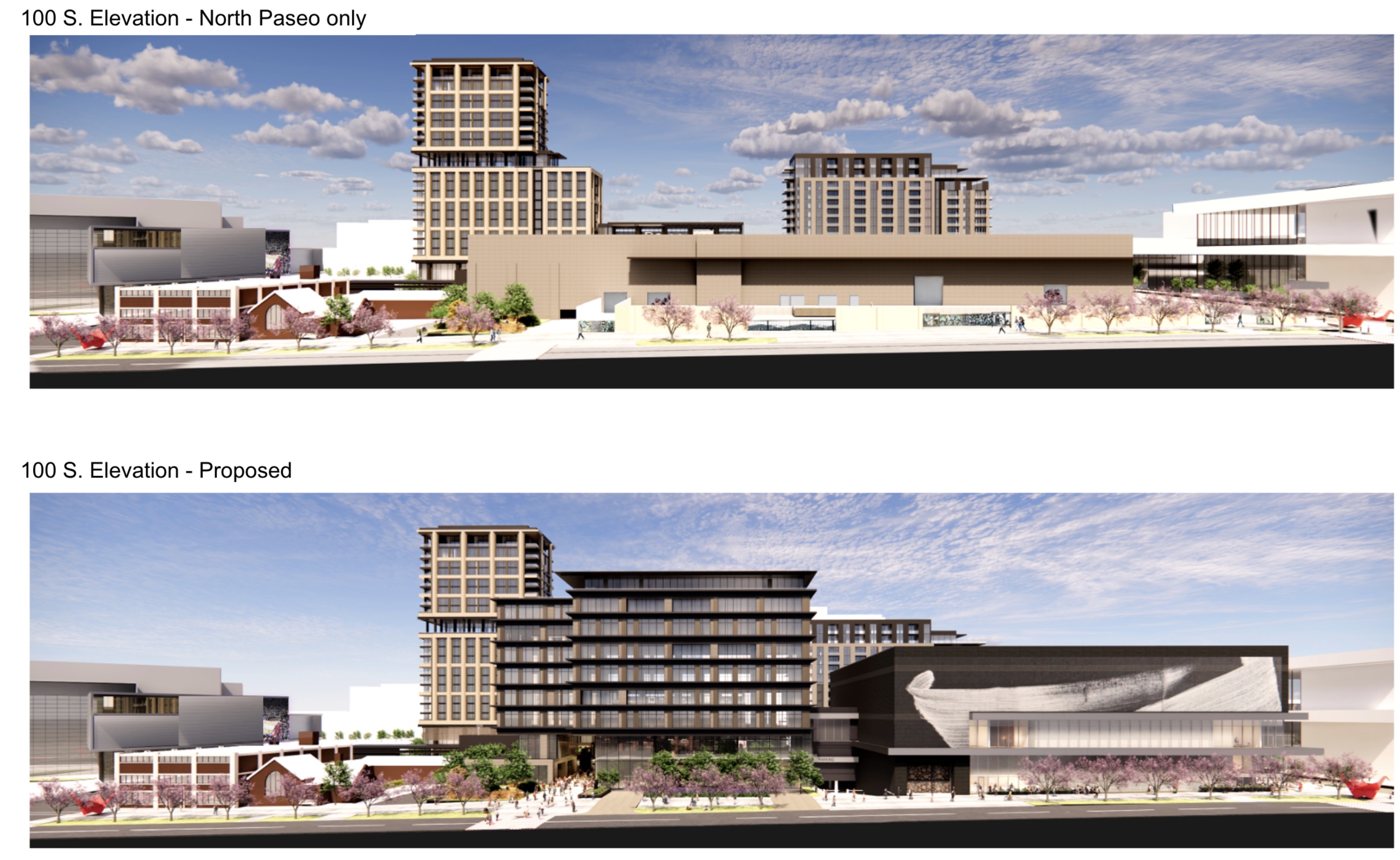 This rendering shows what the district would look like with existing loading docks still in place along 100 South (top) versus the current plan for a new office space and music venue along the road (bottom).