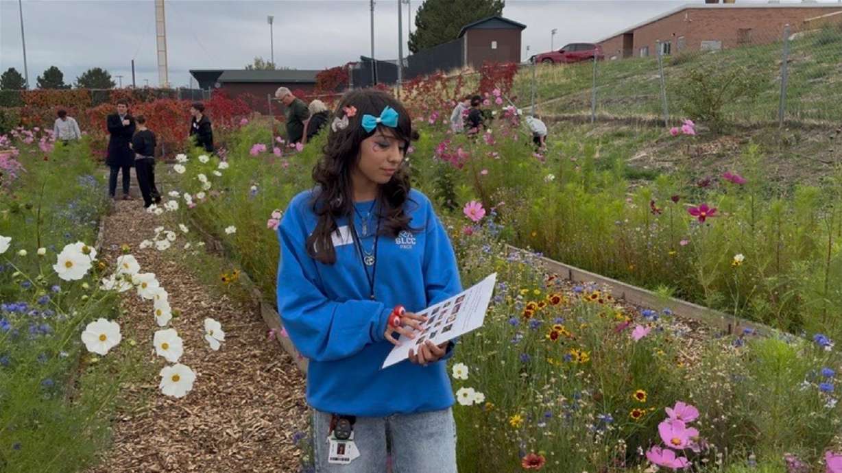 Daisy Villalpando, president of the leadership team with Salt Lake Community College's Partnership for Accessing College Education scholarship program, identifies flowers in the Kearns High School Pollinator Garden on Wednesday.