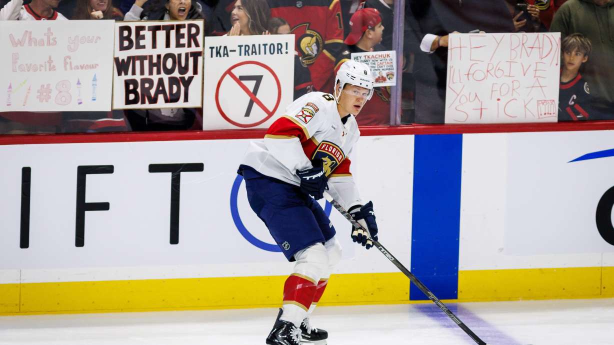 Florida Panthers' Brady Tkachuk (8) skates during warmups prior to an NHL hockey game against the Ottawa Senators in Ottawa, on Wednesday, Oct. 21, 2026.