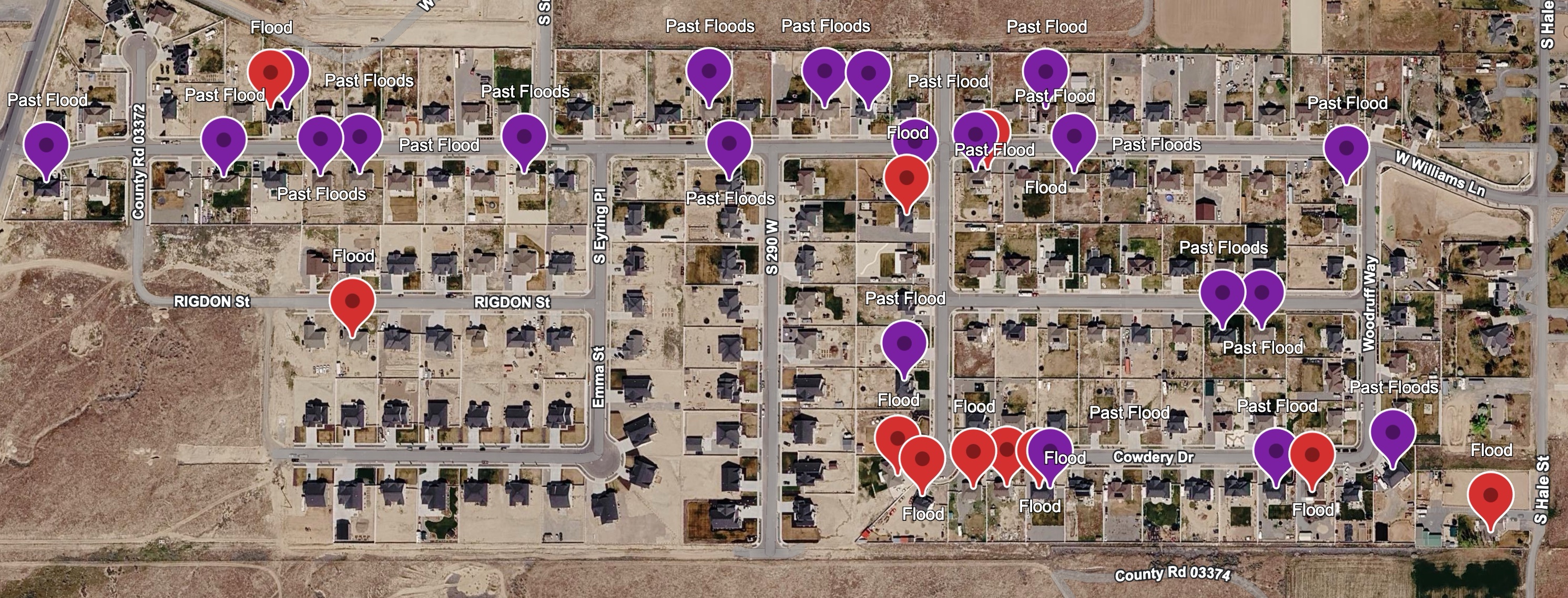 A close look at a map created by Wells Crossing resident Wes Russell. Red markers show homes flooded on Sept. 18. The purple markers show homes that flooded at least once in the last few years.