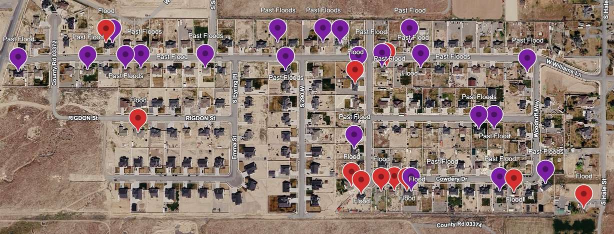 A close look at a map created by Wells Crossing resident Wes Russell. Red markers show homes flooded on Sept. 18. The purple markers show homes that flooded at least once in the last few years.
