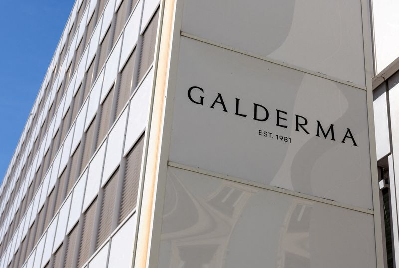 FILE PHOTO: A logo of skin care company Galderma is pictured on the company's offices in Lausanne, Switzerland, March 13, 2024.