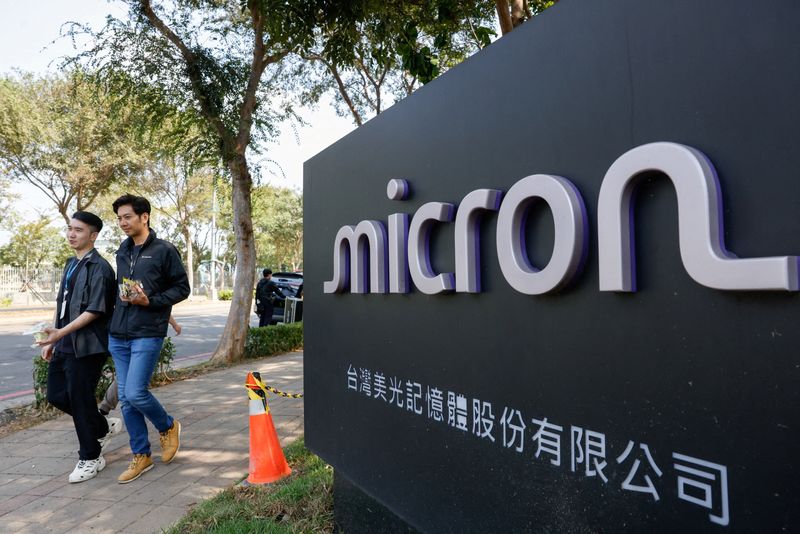 FILE PHOTO: A Micron logo is displayed outside the company’s newly opened Advanced Assembly and Test Taiwan 2 (AATT2) facility in Taichung, Taiwan, October 15, 2026.