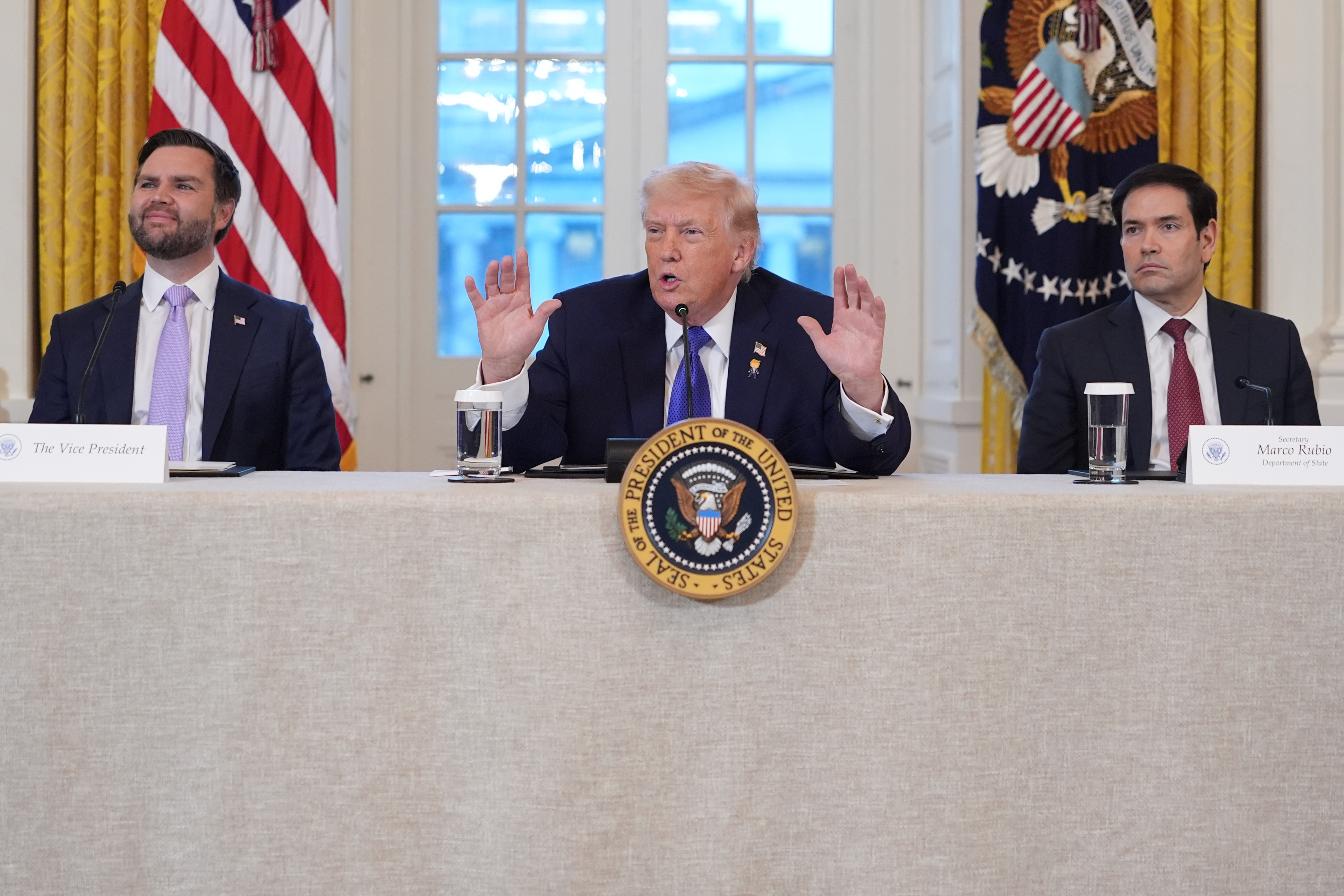 President Donald Trump, flanked by Vice President JD Vance and Secretary of State Marco Rubio, speaks during a meeting with oil executives in the East Room of the White House, Jan. 9, in Washington. The European Union responded to Trump's recent sanctions on the International Criminal Court by awarding it the union's highest human rights prize on Wednesday.