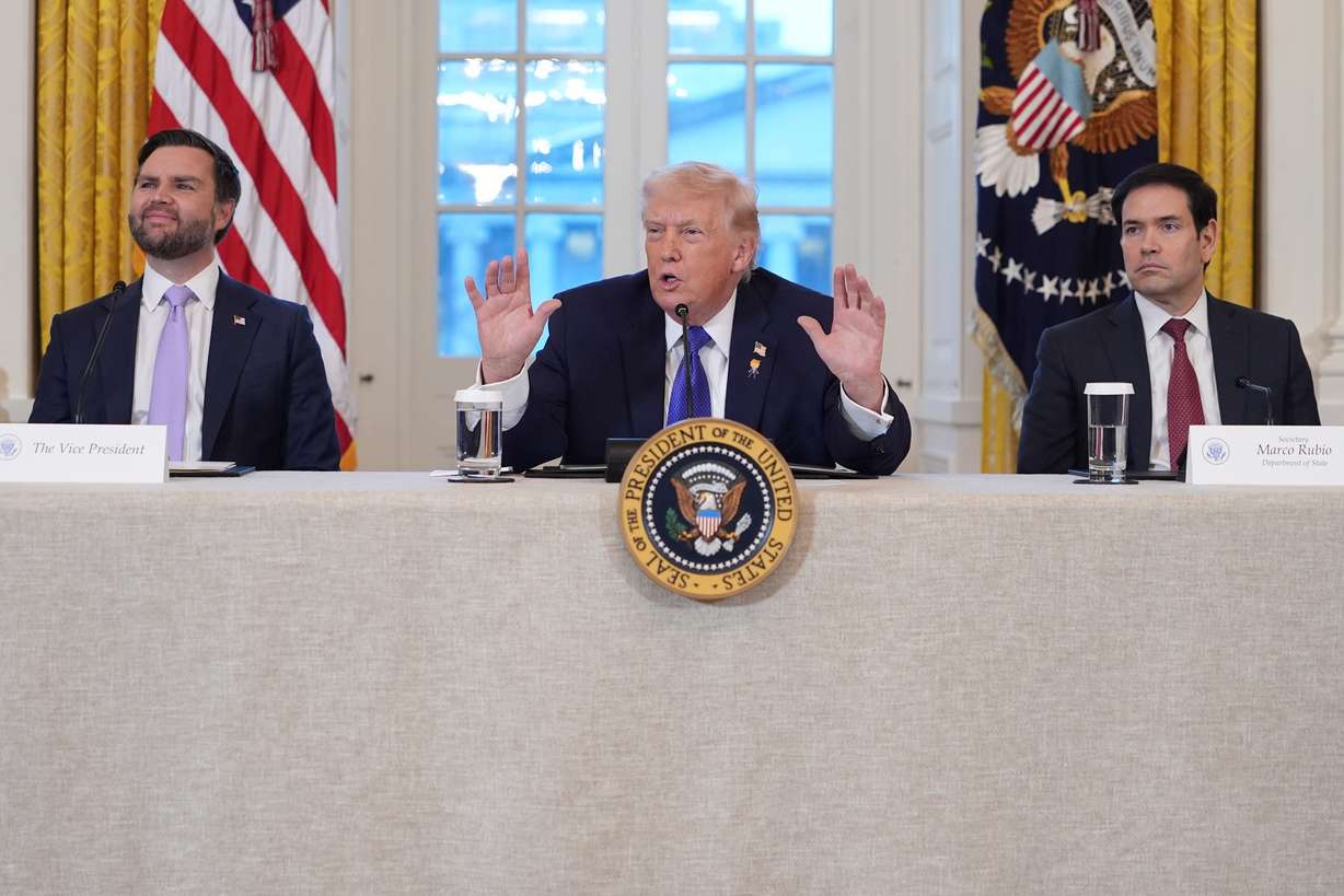 President Donald Trump, flanked by Vice President JD Vance and Secretary of State Marco Rubio, speaks during a meeting with oil executives in the East Room of the White House, Jan. 9, in Washington. The European Union responded to Trump's recent sanctions on the International Criminal Court by awarding it the union's highest human rights prize on Wednesday.