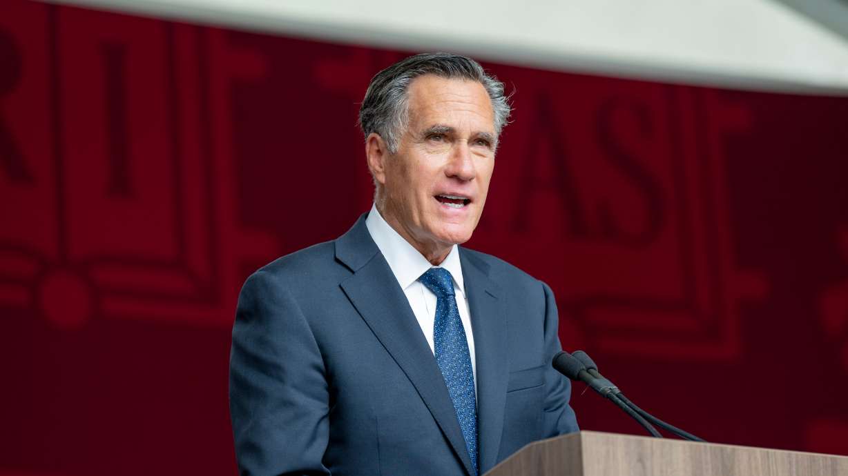 Former Utah Sen. Mitt Romney speaks during the Harvard Business School Class Day ceremony, held on the university's campus in Boston, Mass., on May 27. Romney again pushed back against a deal brokered by President Donald Trump freeing an American hostage from Russia.