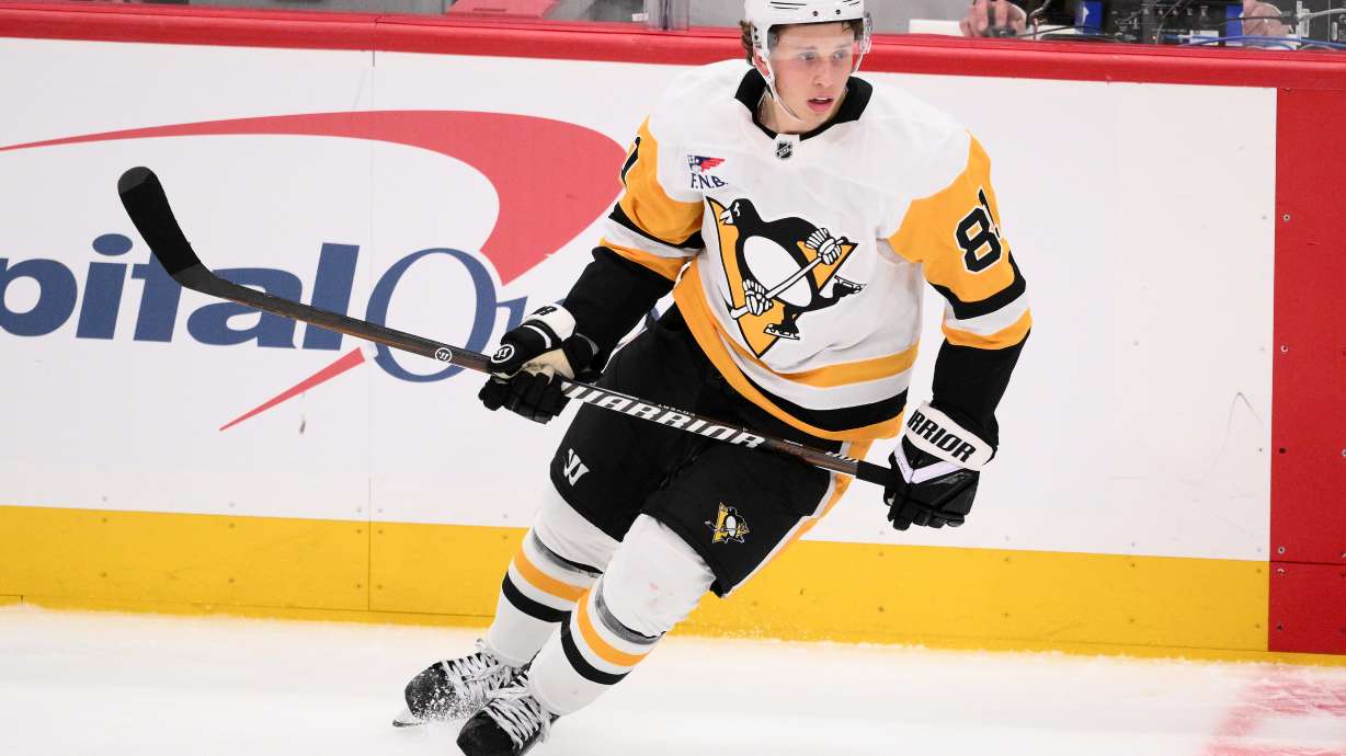 FILE - Pittsburgh Penguins center Ben Kindel plays in the third period of an NHL hockey game against the Washington Capitals, Oct. 7, 2026, in Washington.