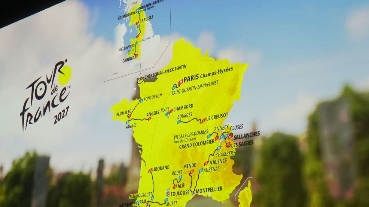 The Tour de France 2027 cycling race route is screened during its presentation, in Paris, Thursday, Oct. 22, 2026.