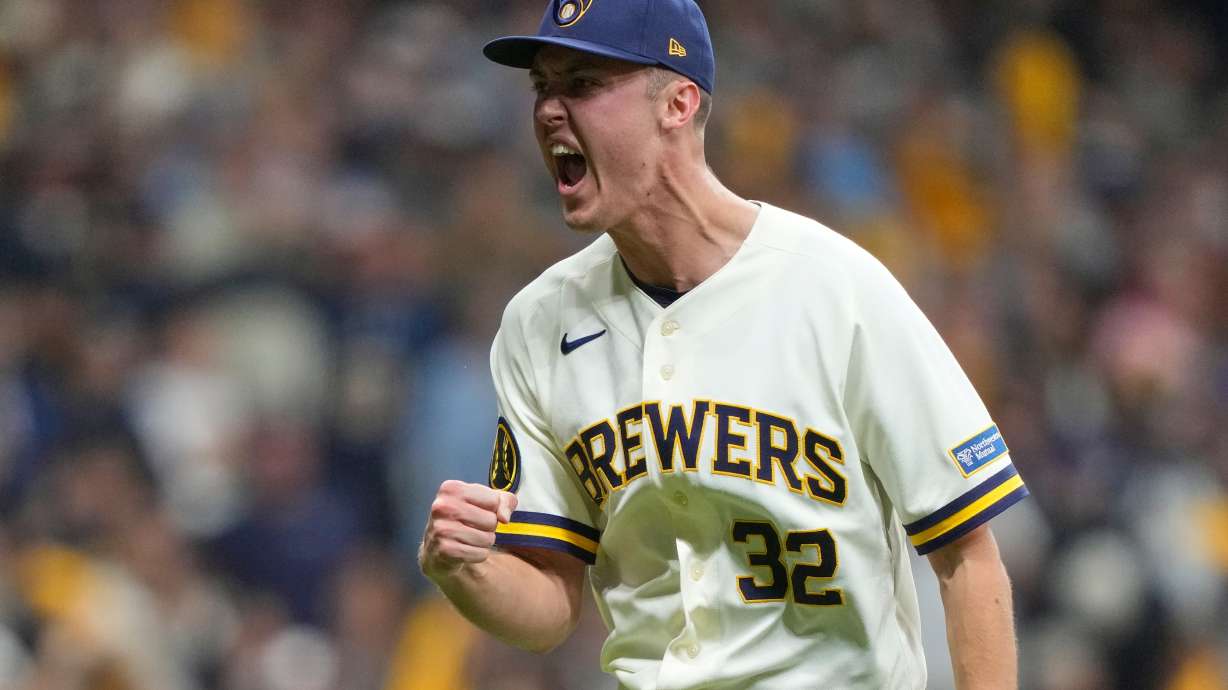 Milwaukee Brewers' Jacob Misiorowski reacts after striking out San Diego Padres' Luis Campusano during the fourth inning in Game 1 of a National League Divisional baseball playoff series Saturday, Oct. 3, 2026, in Milwaukee.