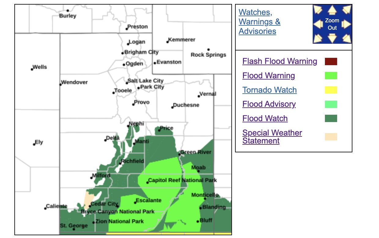 This map shows where a flood warning has been issued in Utah through mid-Friday. Many areas are east and west of the Colorado River as it flows through Utah.