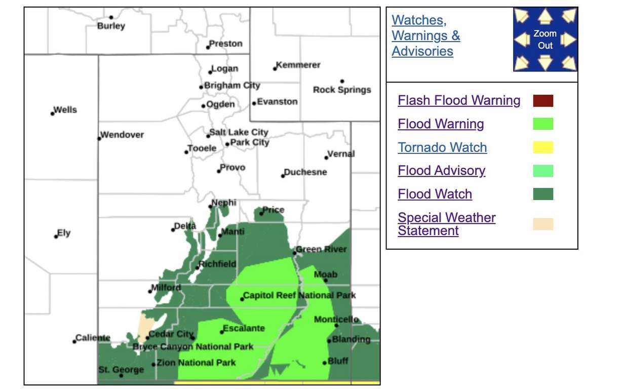 This map shows where a flood warning has been issued in Utah through mid-Friday. Many areas are east and west of the Colorado River as it flows through Utah.