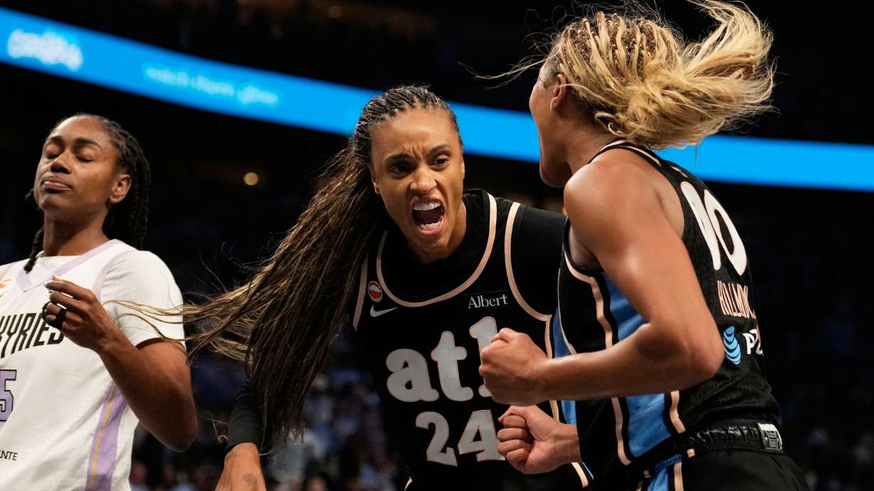 Atlanta Dream forward Brionna Jones (24) and Atlanta Dream guard Rhyne Howard (10) react after a foul during the second half of Game 3 of the WNBA basketball finals against the Golden State Valkyries on Wednesday, Oct. 21, 2026, in Atlanta.