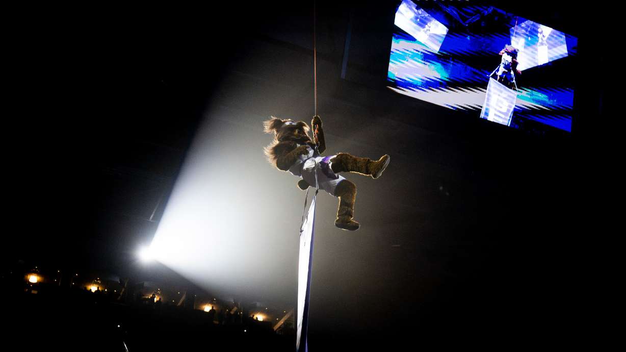 Jazz Bear descends from the rafters before an NBA game between the Utah Jazz and the Sacramento Kings at the Delta Center in Salt Lake City on Feb. 11.