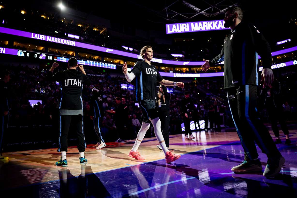 Utah Jazz forward Lauri Markkanen (23) is introduced before an NBA game against the Dallas Mavericks at the Delta Center in Salt Lake City on Jan. 8.