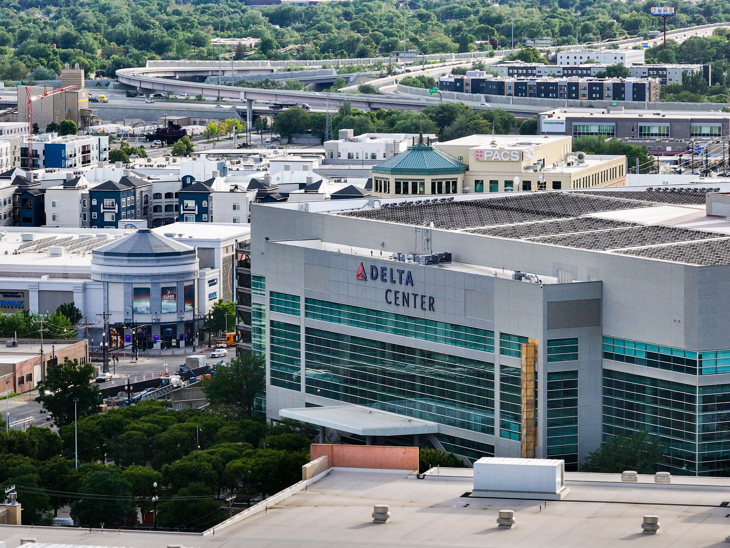 The Delta Center stands among other buildings in downtown Salt Lake City on May 26.