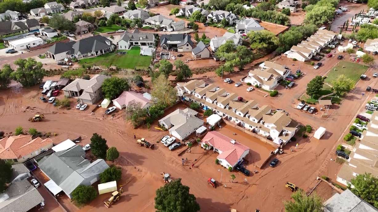 Aerial drone footage shows flooding in Hurricane on Oct. 22. A flood watch was issued for most of southern Utah this week as wet weather continues to impact the state.