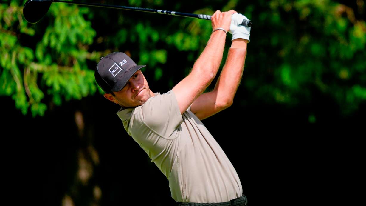 FILE - Chandler Blanchet hits from the fourth tee during the first round of the PGA Championship golf tournament at Aronimink Golf Club, Thursday, May 14, 2026, in Newtown Square, PA.