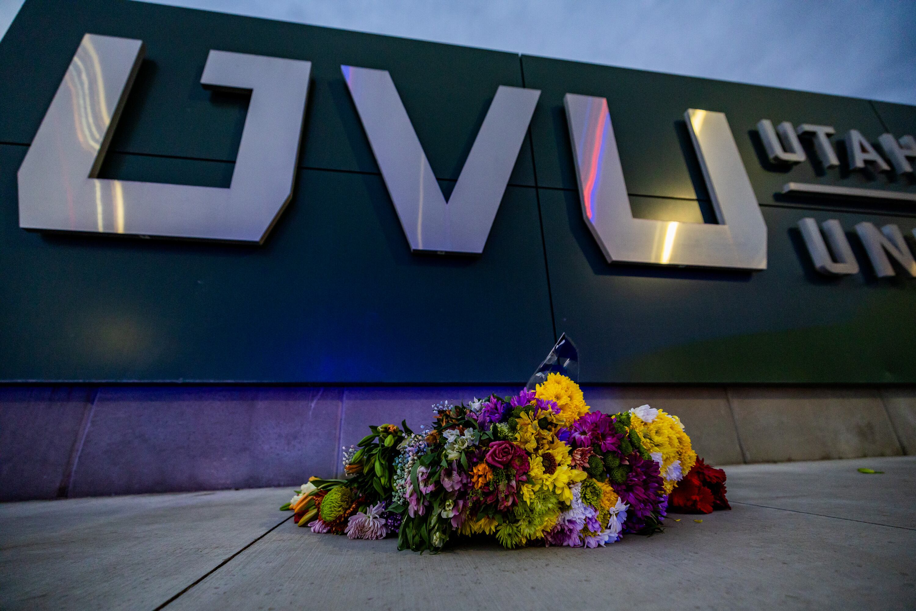 Flowers lie outside the Scott C. Keller Business Building near the scene Wednesday evening where Charlie Kirk, the CEO and co-founder of the conservative youth organization Turning Point USA, was fatally shot earlier in the day during Turning Point USA’s visit to Utah Valley University in Orem on Sept. 10, 2025.