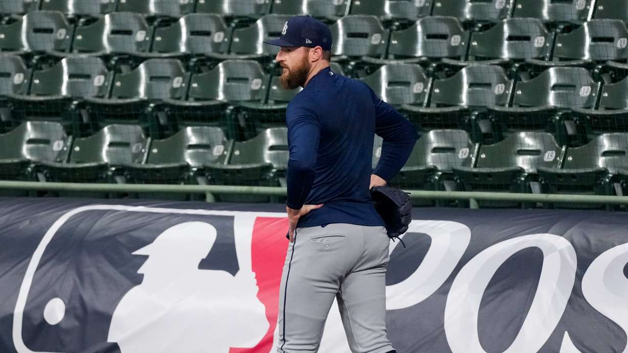 Tampa Bay Rays pitcher Drew Rasmussen throws during a World Series baseball media day, Thursday, Oct. 22, 2026, in Milwaukee, ahead of Game 1 between the Milwaukee Brewers and the Tampa Bay Rays.
