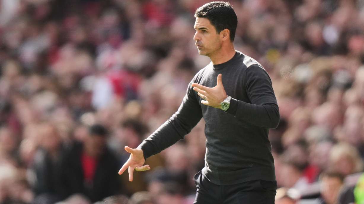 Arsenal's manager Mikel Arteta reacts during the English Premier League soccer match between Arsenal and Leeds United in London, Saturday, Oct. 10, 2026.