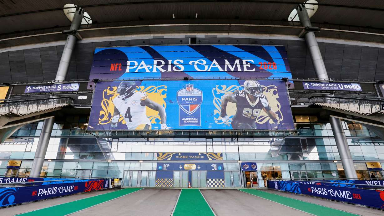 An exterior view of the Stade de France with NFL branding on Thursday, Oct. 22, 2026, in Saint-Denis, north of Paris, ahead of Sunday's game between the Pittsburgh Steelers and the New Orleans Saints.